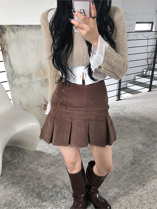 3 button corduroy pleats mini skirt (1col)