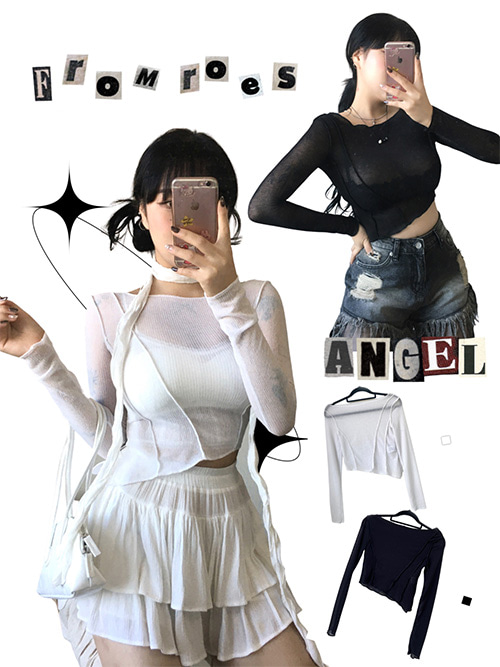 [see-through] boat neck diagonal cropped T-shirt. (2col)